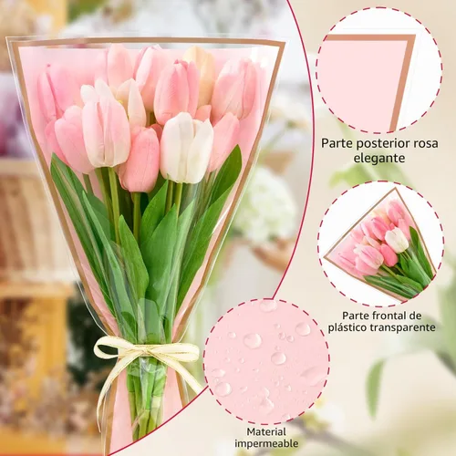 Miniatura 3 de Mauproy Paquete de 50 bolsas de flores rosas para ramos de flores, 17.8 x 11.2 pulgadas, fundas de plástico transparente para flores, envolturas