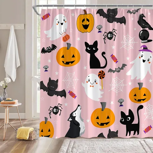 Cortina de ducha de Halloween de dibujos animados, lindo fantasma, murciélago, gato negro, calabaza, telaraña, espeluznante, terror, divertido, Rosa