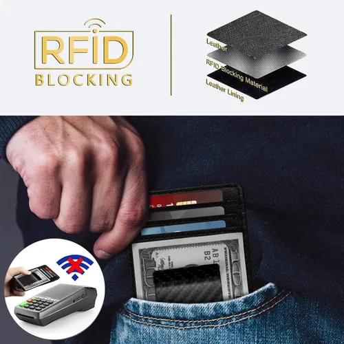 Miniatura 3 de Travelambo Clip para dinero para hombre, de piel, delgado, minimalista, con bloqueo RFID (tejido negro), Cros negros con clip mate, Minimalista