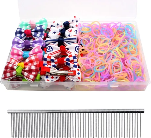 Miniatura 18 de YOY 20 adorables lazos para el pelo de perro con clips y 1000 bandas de goma y 1 peine de acero para peluquería, nudo superior de cachorro, moño