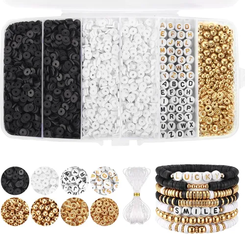 Kit de Pulsera Heishi de Funtopia, Cuentas de Arcilla Polimérica para Hacer Joyas, Kit de Pulsera de Amistad con Cuentas de Oro y Letras del 3.