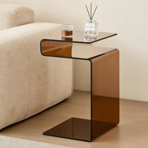 Mesita de noche de cristal, mesa auxiliar, mesa auxiliar en forma de S para sala de estar, mesita de noche para dormitorio (marrón)