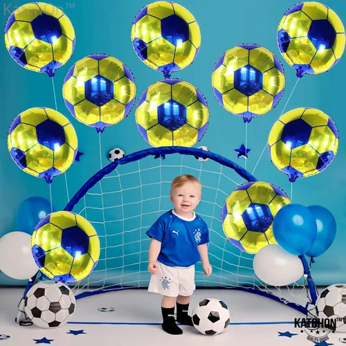 Miniatura 4 de Paquete de 20 globos metálicos de fútbol de 18 pulgadas, suministros de fiesta de cumpleaños de fútbol, globos redondos de papel de aluminio de bola