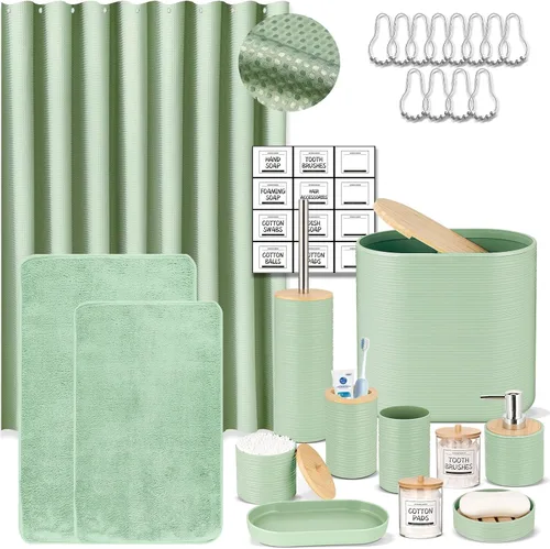 Miniatura 12 de IMAVO Juego de accesorios de baño - Juego de 11 piezas de accesorios de baño beige con cubo de basura, dispensador de jabón, jabonera, soporte