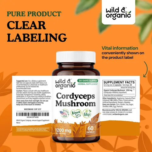 Miniatura 7 de Wild & Organic Cordyceps Cápsulas de hongos de 1200 mg - Apoyo inmunológico - Suplemento en polvo de hongos Cordyceps - Extracto de micelio puro