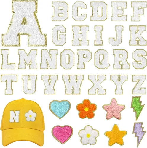 MEEZY 34 parches de letras autoadhesivas de felpilla, apliques bordados de la A-Z, parches de letras termo-adhesivas del alfabeto, parche de tela