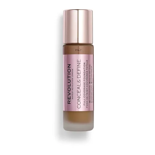 Makeup Revolution Base oculta y define, cobertura completa y acabado mate, F14.7 para tonos de piel oscuros, vegano y libre de crueldad, 0.7 onzas