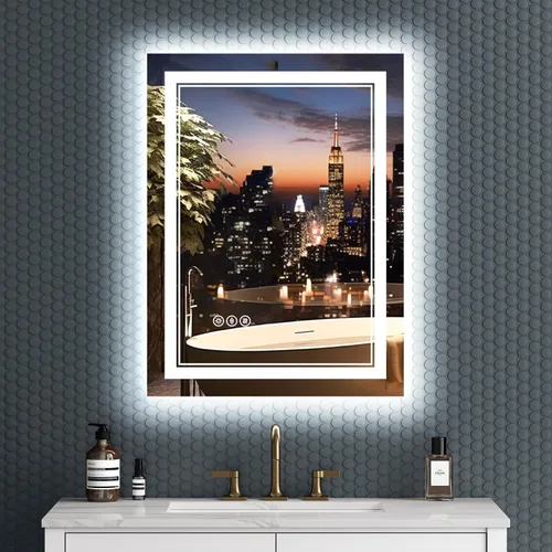 Espejo de baño LED sin marco de 24 x 32 pulgadas, frontal y retroiluminado, vidrio templado inastillable, antivaho, 3 colores, regulable, memoria,