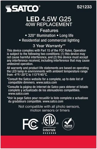 Miniatura 7 de Satco S21233 - Bombillas LED G25 de 4.5 W en acabado blanco brillante, luz blanca diurna de 5000 K, 350 lúmenes, 90+ CRI, 120 V, regulable