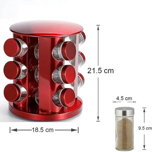 Miniatura 6 de Organizador de especias – Estante giratorio de acero inoxidable con 16 tarros de vidrio – Elegante almacenamiento de condimentos de oro rosa y rojo