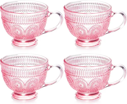 Tazas de café de vidrio vintage con asa, tazas de vidrio en relieve rosa de 14 onzas para capuchino, latte, cereales, yogur, té, leche (4)