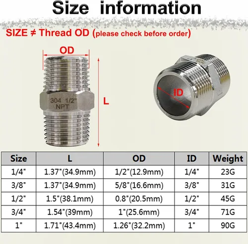 Miniatura 8 de 1" Tetina macho hexagonal, accesorios de tubería de acero inoxidable 304, adaptador de tubería roscada NPT de 1 pulgada, conectores de tetinas