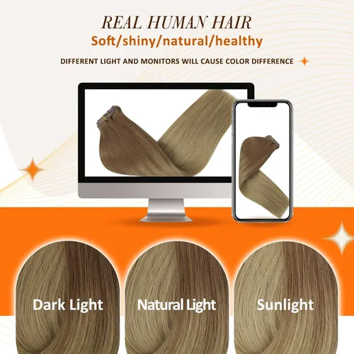 Miniatura 6 de Full Shine Extensiones de cabello humano con clip de 12 pulgadas, extensiones de cabello con clip de castaño claro a rubio, extensiones de cabello