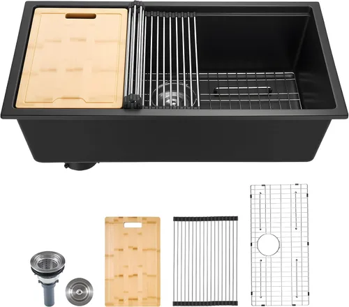 Miniatura 11 de VEVOR Fregadero de cocina de 33 pulgadas, fregadero de granito de montaje superior, lavabo de granja de un solo tazón con múltiples accesorios