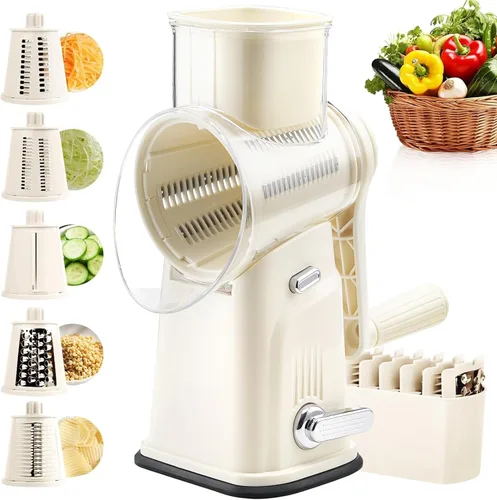 Rallador rotativo de queso con asa, triturador de verduras con 5 cuchillas reemplazables y base de succión fuerte, rebanador redondo de alimentos y