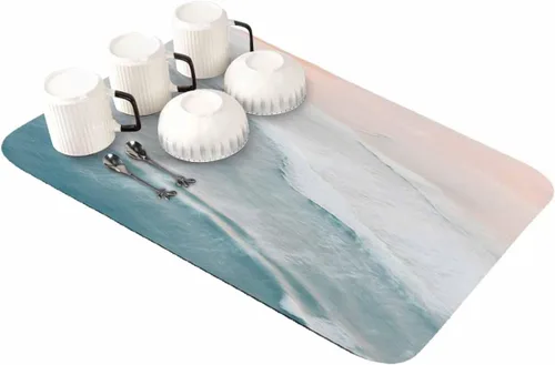Tapete escurridor de platos Nautical Seaside, color beige aguamarina, 12 x 16 pulgadas, absorbente, antideslizante, para encimera de cocina y