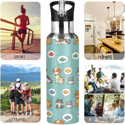 Miniatura 5 de Cartoon Cats Dogs Insulated Stainless Steel Water Bottle with Straw 20 Oz Leakproof Water Bottles, BPA-Free Sports Water Bottle