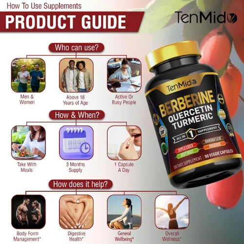 Miniatura 6 de Suplemento de berberina para hombres y mujeres, fórmula 8 en 1 con quercetina, cúrcuma, vinagre de sidra de manzana, raíz de remolacha y más
