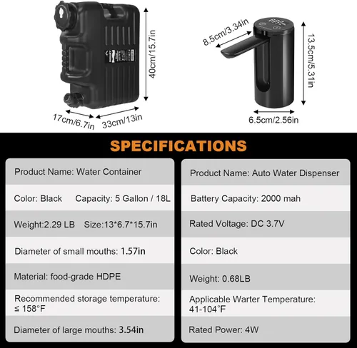 Miniatura 6 de Jarra de Agua de 5 Galones con Dispensador de Agua Eléctrico 2000mAh Bomba de Agua Recargable Automática Tipo-C Libre de BPA Contenedor de Agua