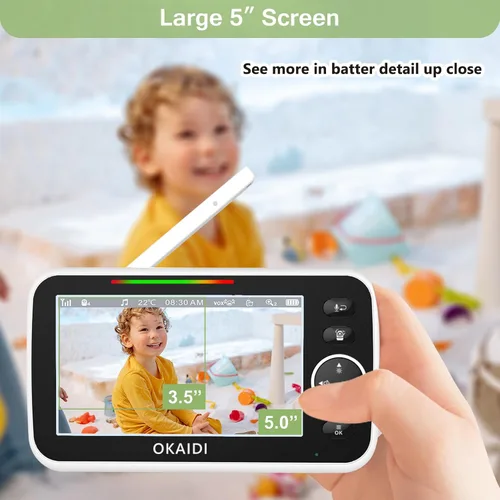 Miniatura 3 de OKAIDI Monitor de bebé HD de 5 pulgadas con cámara y audio, pantalla de 720P, batería de 5000 mAh, panorámica e inclinación remota, zoom 3X, visión