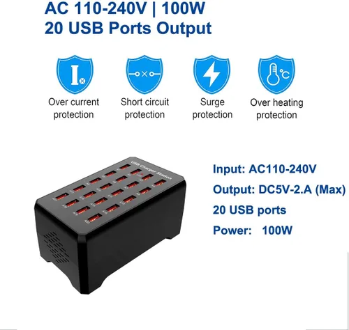 Miniatura 2 de MaxLax Estación de carga USB de 20 puertos, 100 W/20 A, compatible con teléfonos inteligentes, tabletas y otros dispositivos USB