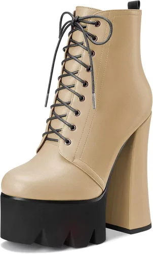 Miniatura 9 de HDEUOLM Botas de tobillo con tacón alto de bloque grueso para mujer, puntera redonda, botines cortos con cordones y cremallera, zapatos clásicos