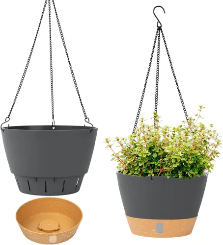 Miniatura 15 de QCQHDU Paquete de 2 macetas colgantes de 10 pulgadas para plantas de interior y exterior, cestas colgantes macetas de flores con bandeja de depósito