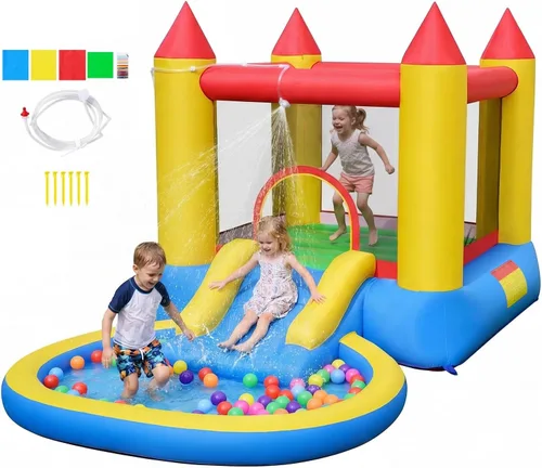 Costzon Casa inflable de rebote con tobogán, castillo de salto para niños 2 en 1 con piscina de agua y pozo de bolas para diversión en el patio