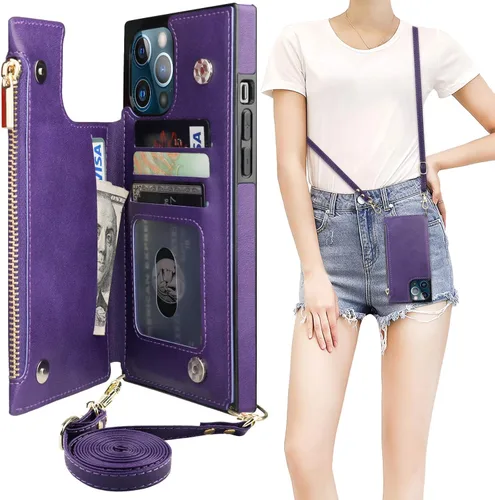 Miniatura 8 de Bocasal Funda tipo cartera cruzada para iPhone 12 Pro Max con tarjetero, protector de ranura para tarjetas con cremallera, a prueba de golpes