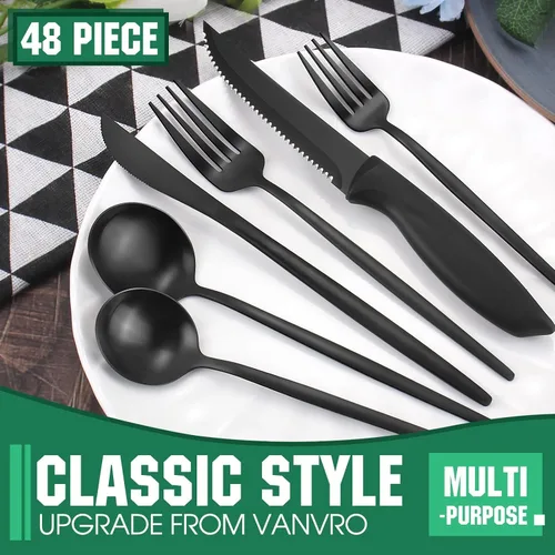 Miniatura 4 de VANVRO Juego de 48 piezas de cubiertos de color negro mate con cuchillos para carne, juego de cubiertos de acabado satinado, juego de cubiertos