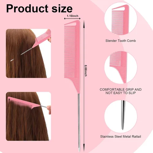 Miniatura 2 de 6 PCS Peines de Separación de Cabello Cola de Rata - Juego de Peines de Cola de Rata con Púa de Acero de Dientes Finos para Crepado para Mujeres