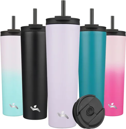 Miniatura 56 de Konokyo Vaso aislado de 18 onzas con tapa y 2 pajillas, botella de agua de acero inoxidable, taza de viaje al vacío, taza de café, color blanco ángel