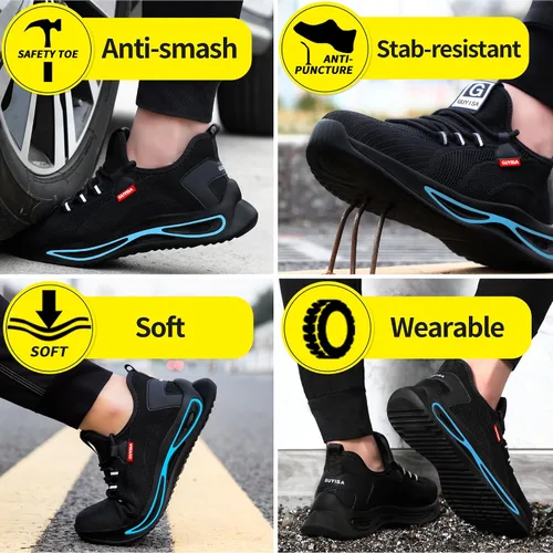 Miniatura 6 de GLANOUDUN Zapatos de punta de acero para hombre, zapatos de trabajo ligeros para hombres, zapatos de trabajo negros con punta de acero, zapatos