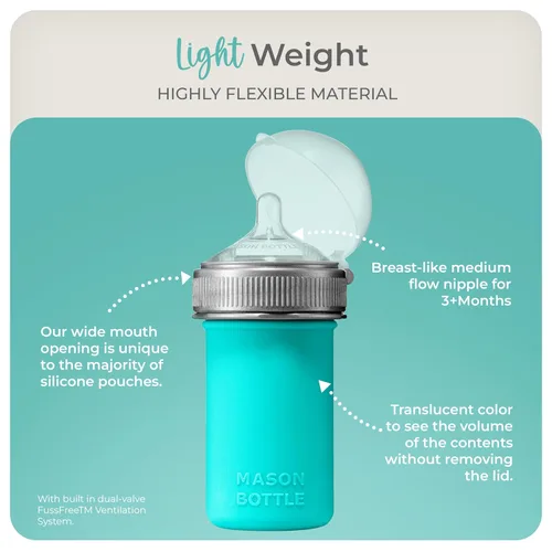 Miniatura 4 de Mason Bottle Biberón de silicona de 8 onzas con pezón de flujo medio (3 meses o más), biberón de lactancia, bolsa de silicona reutilizable