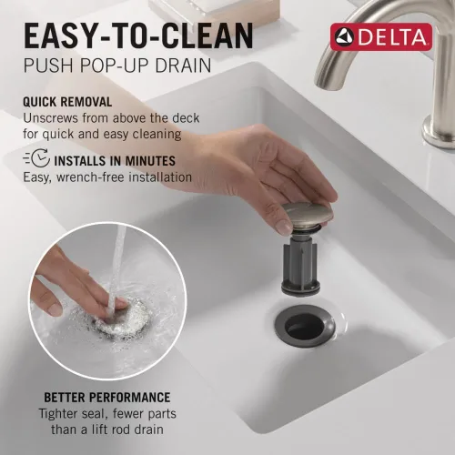 Miniatura 8 de Delta Geist - Grifo de baño de níquel cepillado de 1 agujero, grifo de lavabo de baño de un solo orificio para tocador, ensamblaje de drenaje