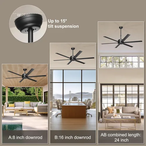 Miniatura 6 de Ohniyou Ventilador de techo de 60 pulgadas sin luz, control remoto de ventilador industrial y control por aplicación, motor de CC silencioso, Negro