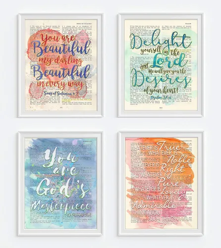 Miniatura 4 de Impresiones artísticas cristianas en acuarela, juego de 4, Canción de Salomón 4:7, Salmo 37:4, Efesios 2:10, Filipenses 4:8 sin marco, póster