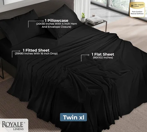 Miniatura 2 de ROYALE LINENS Juego de sábanas 100% algodón orgánico tamaño individual XL, tejido percal, juego de 3 piezas, 1 encimera, 1 sábana bajera de bolsillo
