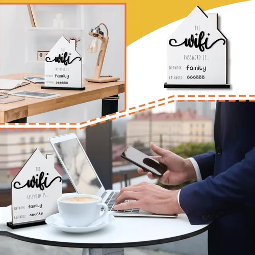 Miniatura 6 de Letrero de Contraseña con Patrón WiFi para Invitados Hogar Mesa de Madera Letrero de Patrón WiFi de Madera con Tablero Pluma Borrable Pizarra