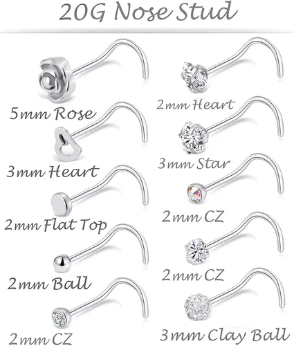 Miniatura 3 de Tornito 20G - 10 piezas de acero inoxidable para la nariz, anillos de circonita cúbica, piercing para la nariz, joyería para hombres y mujeres, tono
