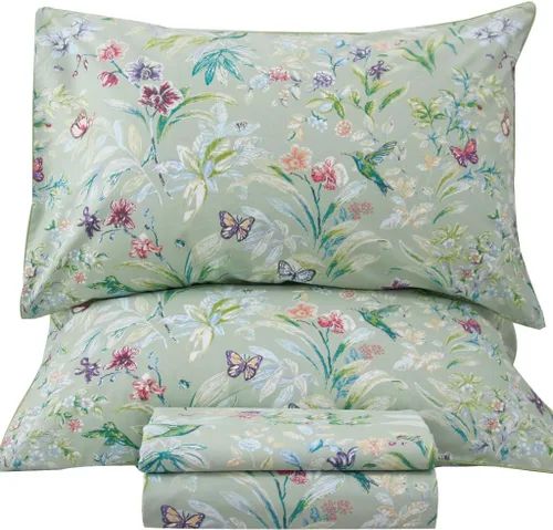 QSH Juego de sábanas tamaño King con estampado floral - Estampado botánico de flores verdes, pájaros y mariposas, ropa de cama de algodón egipcio,