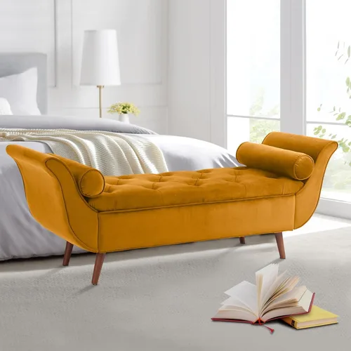Miniatura 16 de Banco de almacenamiento de terciopelo para dormitorio, extremo de la cama con 2 almohadas, banco otomano tapizado con botones copetudos, reposapiés