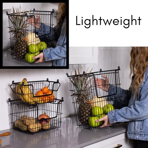 Miniatura 8 de BIRDROCK HOME Contenedores apilables de almacenamiento de alambre de 3 piezas, organizador de frutas y verduras, casa de campo moderna, armario