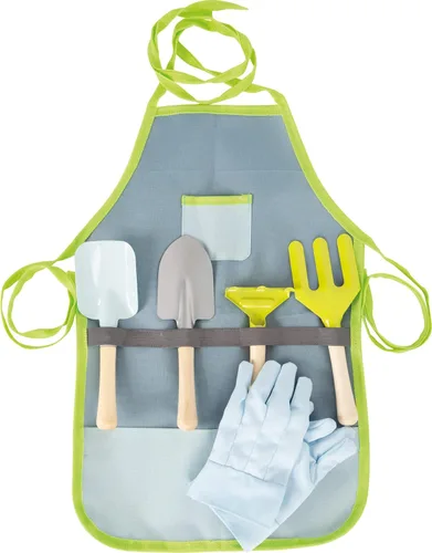 Small Foot - Juego de herramientas de jardinería – Juego de 7 piezas para niños incluye delantal, guantes, pala, rastrillo, paleta y pala – Cabezas