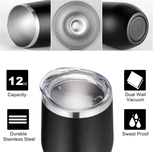 Miniatura 2 de VEGOND - Vaso de vino de acero inoxidable de 12 onzas con tapa y popote, vaso de vidrio de vino aislado de doble pared sin tallo, taza de café