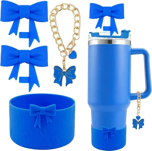 Miniatura 18 de Conjunto de accesorios para taza Hpebl para Stanley, incluye 2 tapas de pajita con moño lindo de 10 mm, tapones reutilizables para pajita, 1 funda