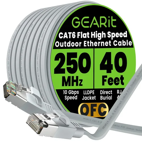 Miniatura 42 de GEARit Cable Ethernet plano Cat 6 para exteriores (15 pies, negro) Chaqueta LLDPE clasificada para entierro directo – Cat6 blindado FTP 10Gbps