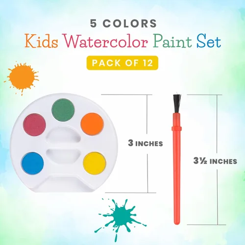 Miniatura 2 de Mini juego de pintura para niños de acuarela (paquete a granel de 12) - 5 pinturas de acuarela, bandeja de paleta y pincel de pintura