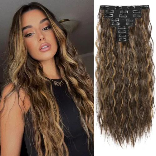 Miniatura 30 de REECHO Extensiones de cabello con clip, 5 piezas, de 24 pulgadas, de color rubio ceniza, extensiones de cabello con ondas largas y sueltas, HE002