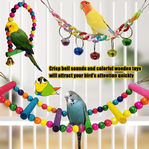 Miniatura 7 de Juguetes de periquitos, 7 piezas de juguetes coloridos para pájaros para periquitos, jaula de pájaros para mascotas, hamaca, escaleras, juguete